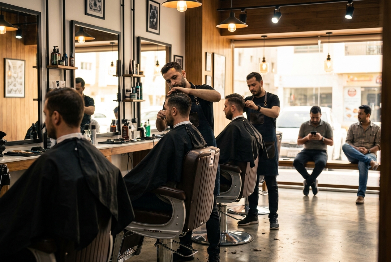 The same barber shop with every place taken and customers waiting
