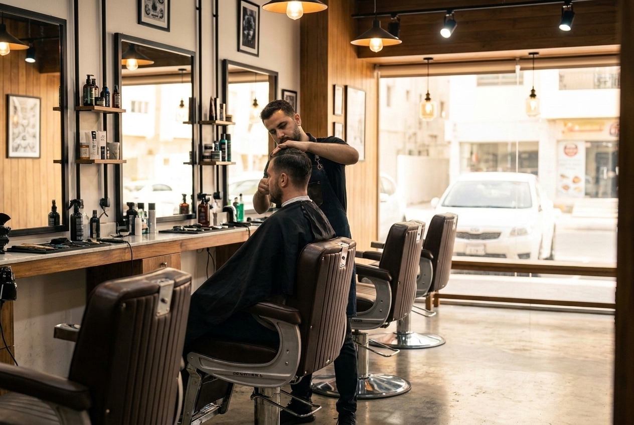 A barber shop with one customer and everywhere else empty