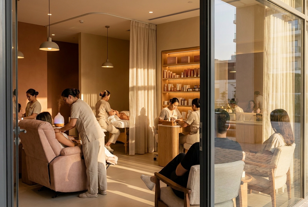 The same beauty and skin salon with every place taken and customers waiting