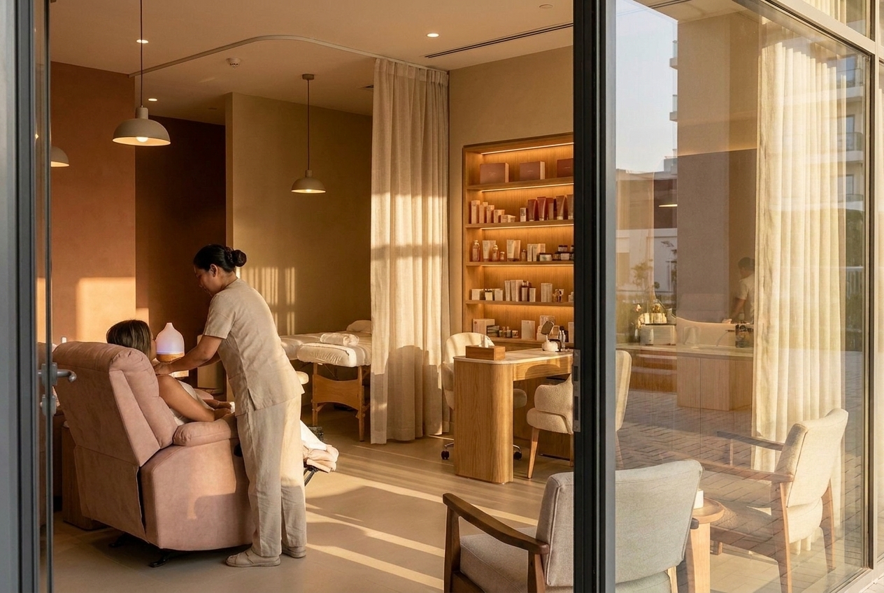 A beauty and skin salon with one customer and everywhere else empty