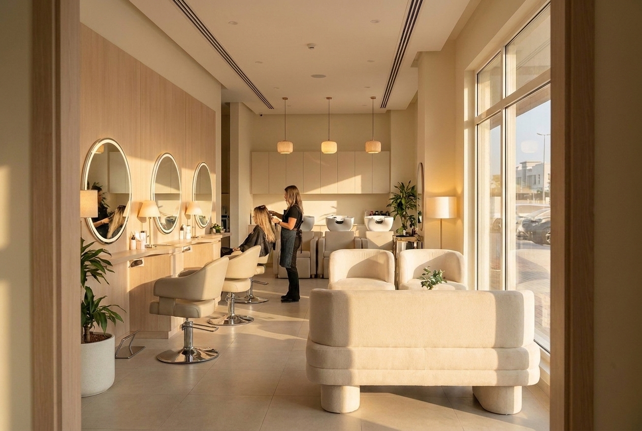 A hair salon with one customer and everywhere else empty