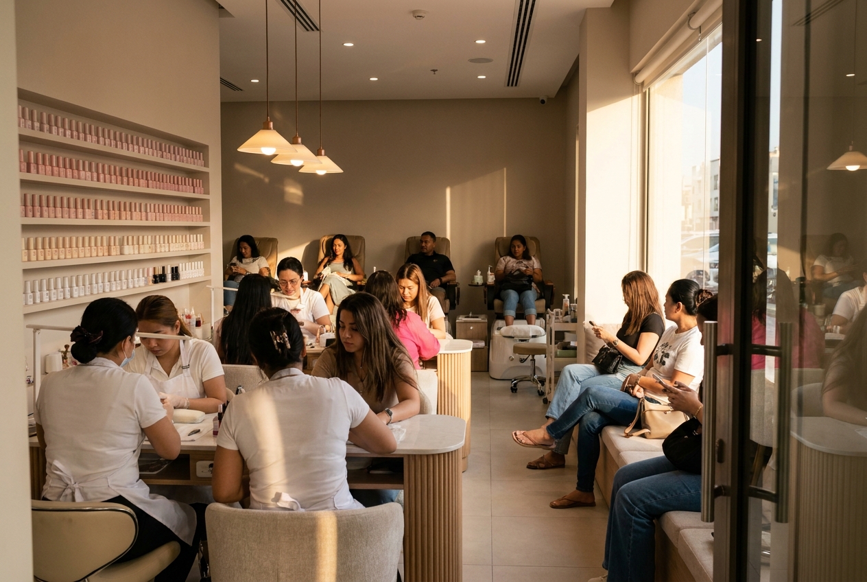 The same nail salon with every place taken and customers waiting