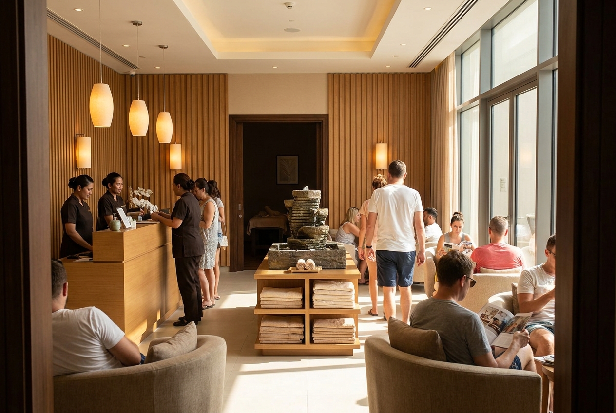 The same spa with every place taken and customers waiting