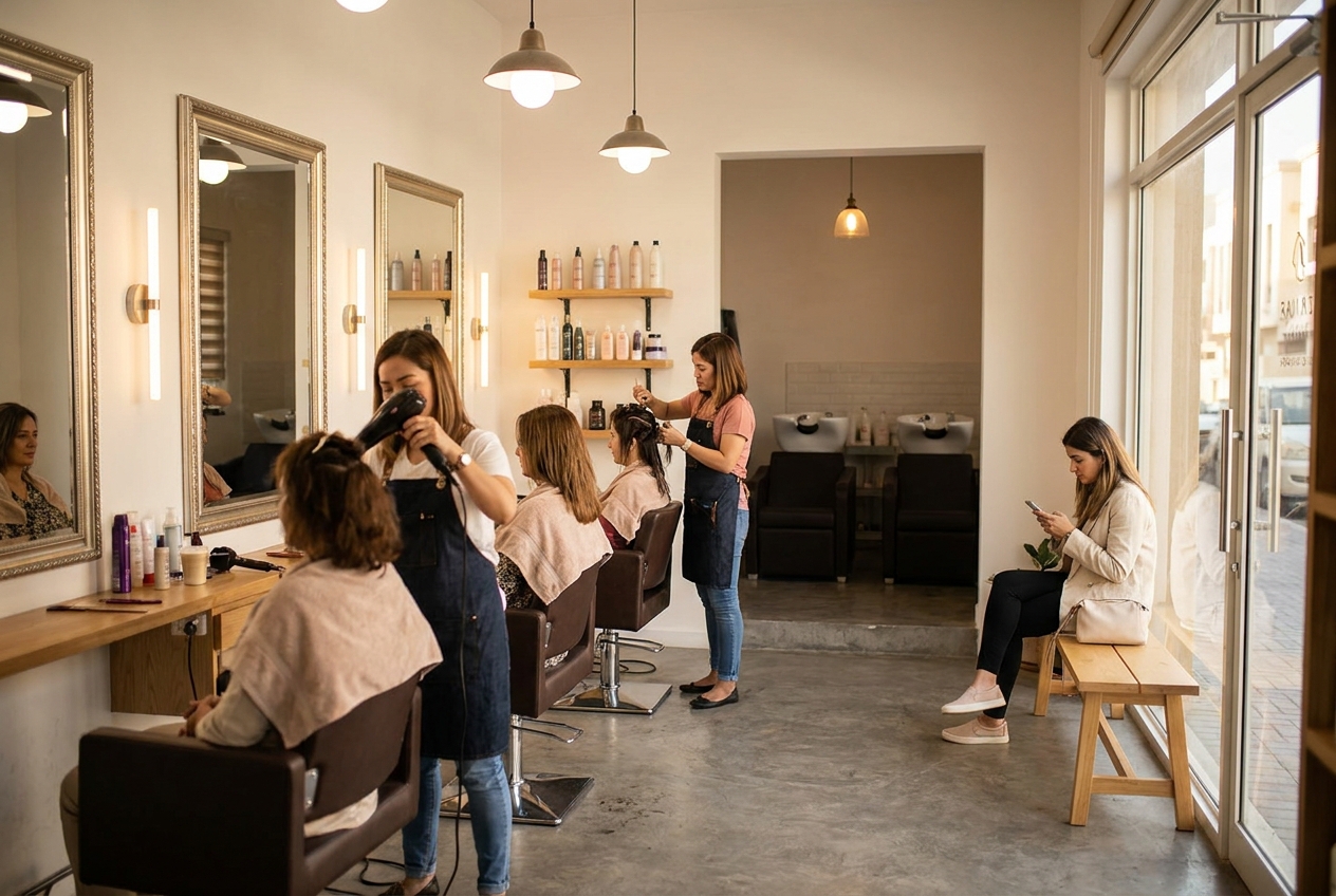 A hair and beauty salon interior in a Dubai neighbourhood, with lit mirrors and styling stations